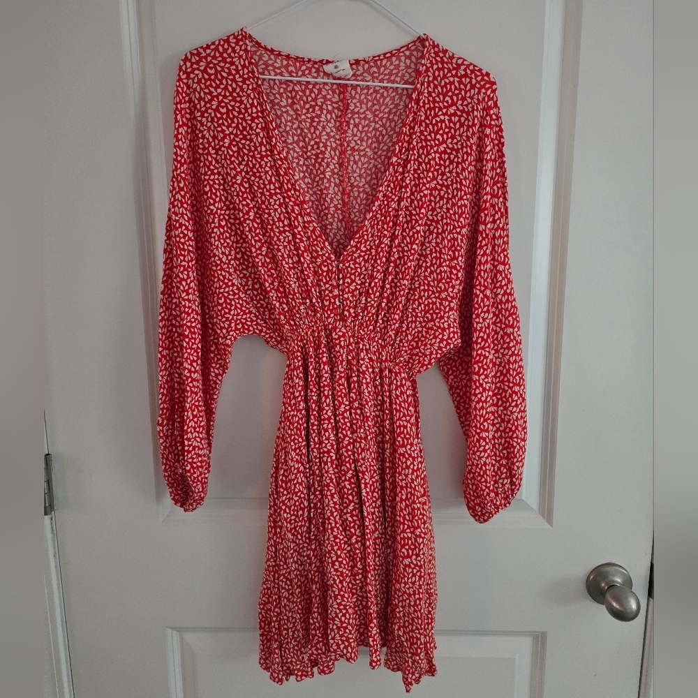 By Together Red and White V-Neck Long Sleeve Mini Dress